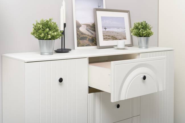 Пенал со стеклом и комод-ТВ-тумба Валенсия цвет белый шагрень