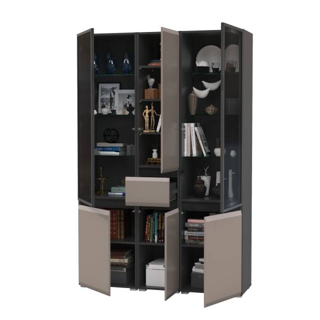 Два шкафа-витрины Сидней 13.201 и пенал-шкаф с ящиком Сидней цвет антрацит/МДФ веллюто капучино