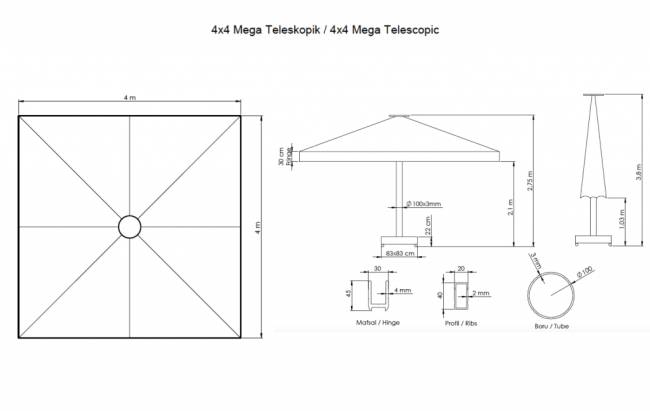 Зонт профессиональный 4х4 м Mega Telescopic 4000х4000 мм