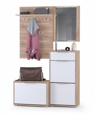 Высокая обувница и обувница с зеркалом и вешалкой для одежды Куба цвет дуб сонома/белый премиум