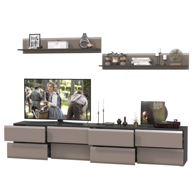 Две ТВ-тумбы с двумя навесными открытыми полками Сидней цвет антрацит/МДФ веллюто капучино