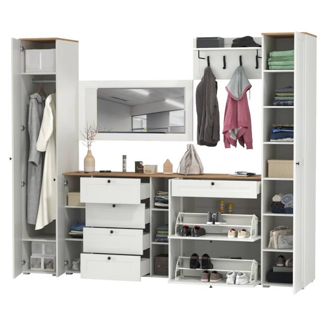 Стенка в прихожую Остин № 58 цвет белый шагрень/дуб крафт золотой