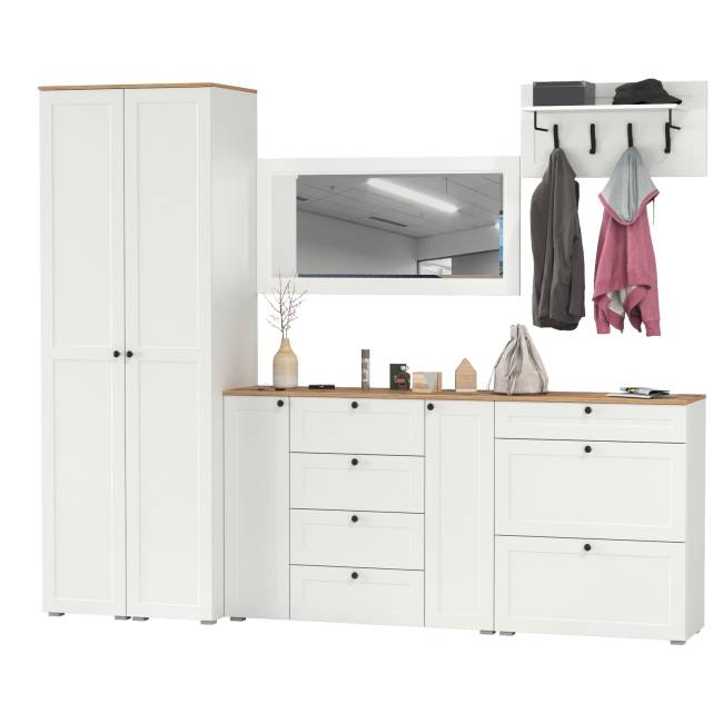 Стенка в прихожую Остин № 58 цвет белый шагрень/дуб крафт золотой