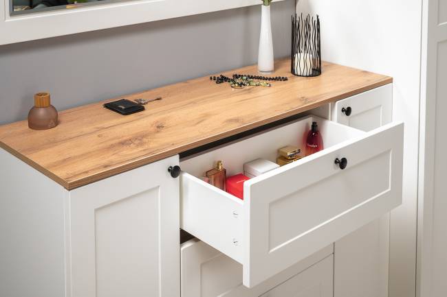 Стенка в прихожую Остин № 58 цвет белый шагрень/дуб крафт золотой