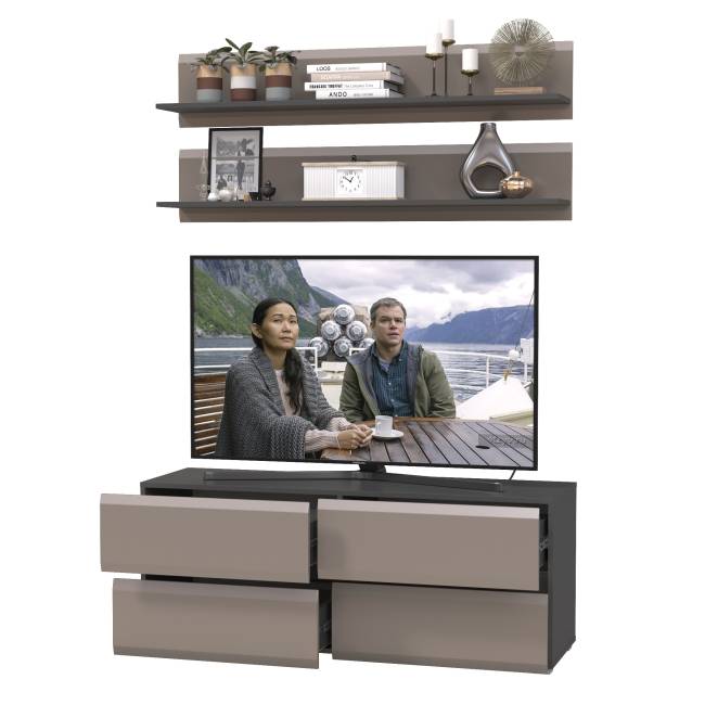 Две открытых полки Сидней и ТВ-тумба цвет антрацит/МДФ веллюто капучино