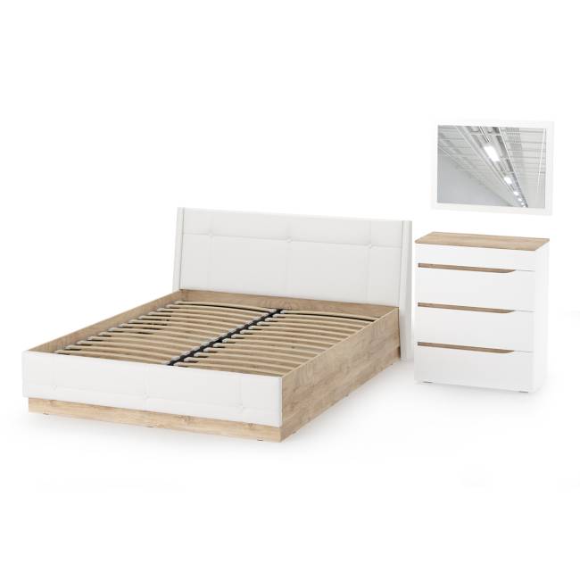 Кровать с подъёмным ортопедом 1600 и комод с зеркалом Муссон цвет белый/дуб эндгрейн элегантный/кожзам белый Кровать с подъёмным ортопедом 1600 и комод с зеркалом Муссон цвет белый/дуб эндгрейн элегантный/кожзам белый